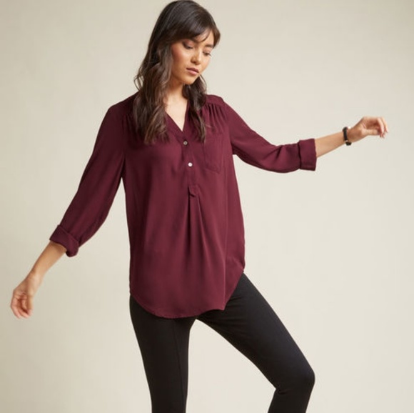 Fervour Tops - Modcloth Burgundy Tunic Blouse with Rolled Sleeves